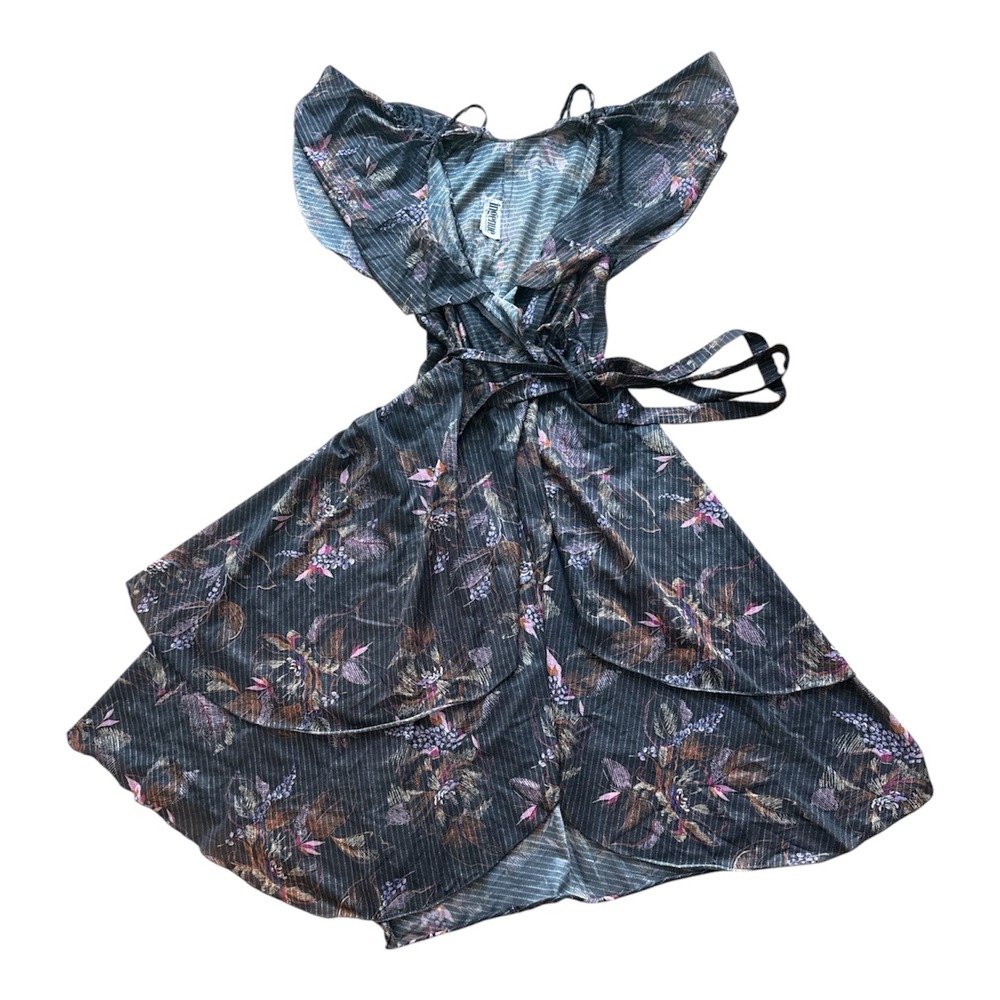 Ingenue of California Vintage Wrap Dress Dark Floral Metallic Pinstripe 7/8
